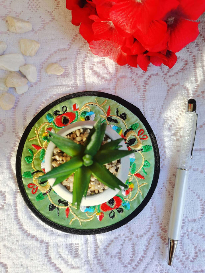 Boho Embroidered Coasters / Vintage Round 5" / Green