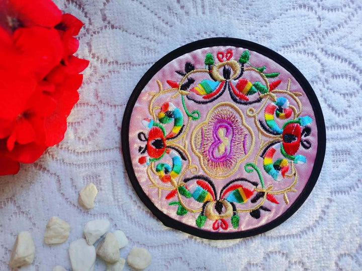 Boho Embroidered Coasters / Vintage Round 5" / Pink