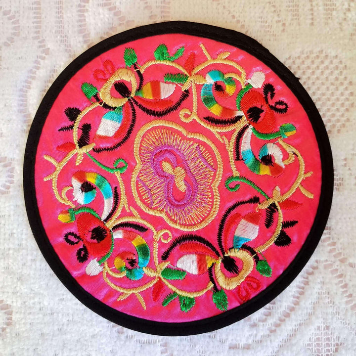 Boho Embroidered Coasters / Vintage Round 5" / Rose