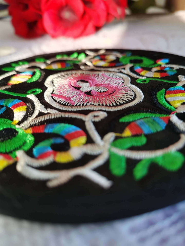 Boho Embroidered Coasters / Vintage Round 5" / Black