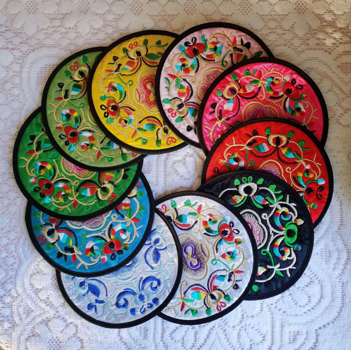 Boho Embroidered Coasters / Vintage Round 5" / Set of 10