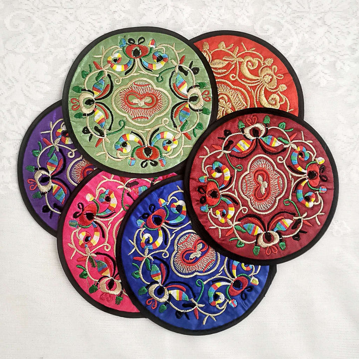 Boho Embroidered Coasters / Vintage Round 5" / Set of 6