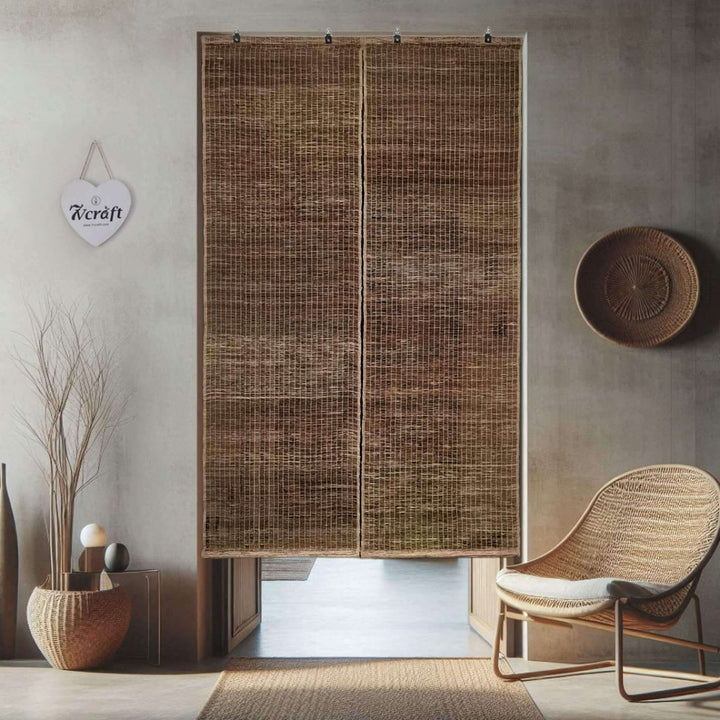 Handwoven Hemp Ramie Door Curtain Room Divider, 2 Pieces Display on Door