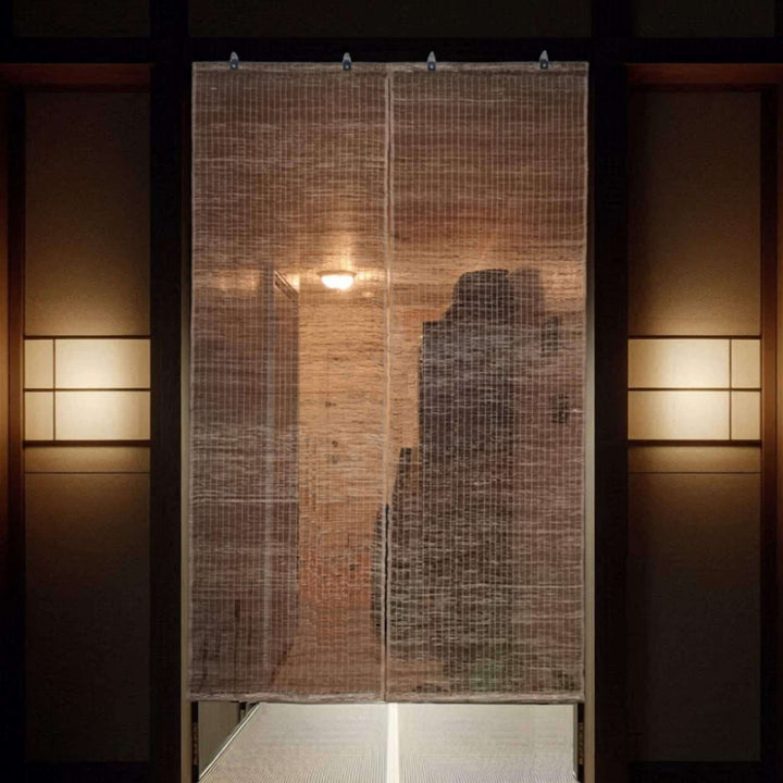 Handwoven Hemp Ramie Noren Door Curtain, 2 Pieces Display on Door at Night