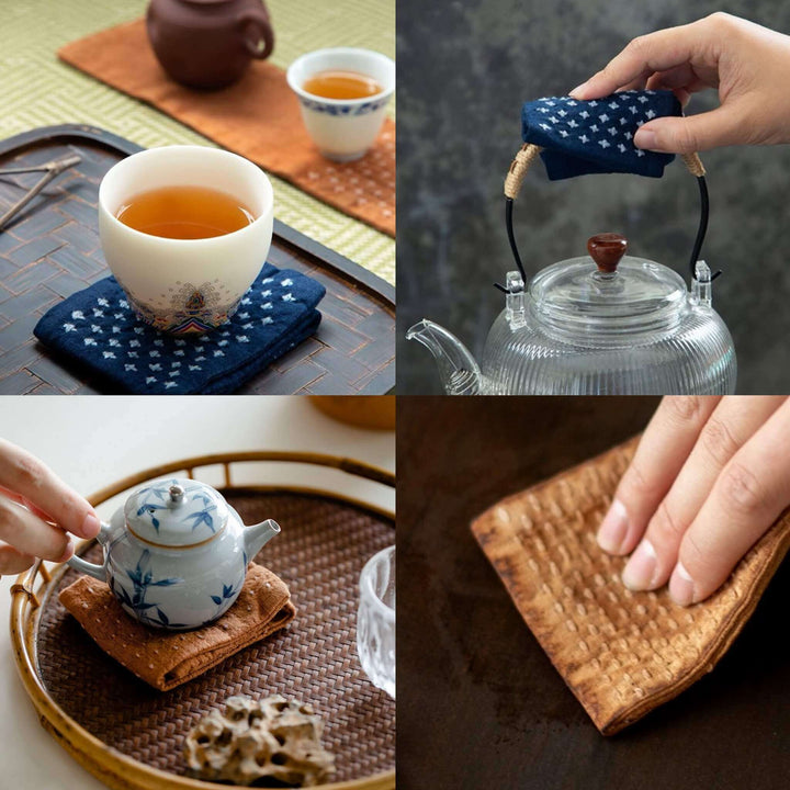 Three-Fold Cotton Tea Towel/Tea Mats/Boro Sashiko Embroidery/Shibori Tie-Dye/Demonstrating Various Uses