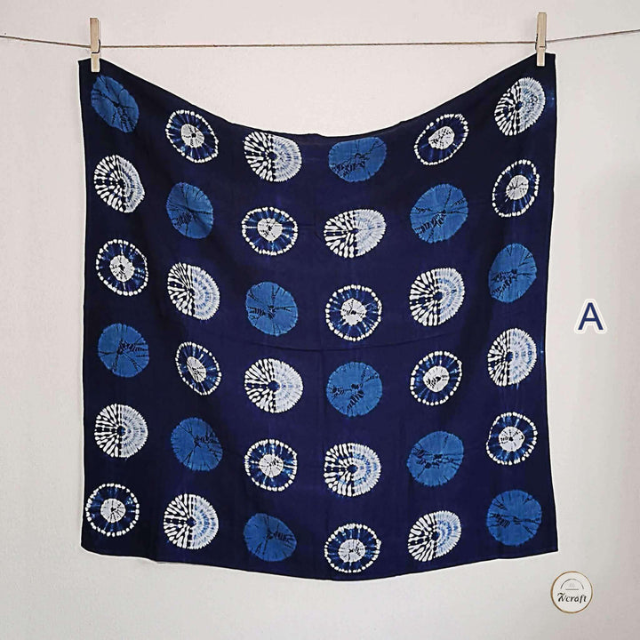 Indigo Silk-Cotton Shibori Tie-Dye Bandana 25", blue circles and white circles