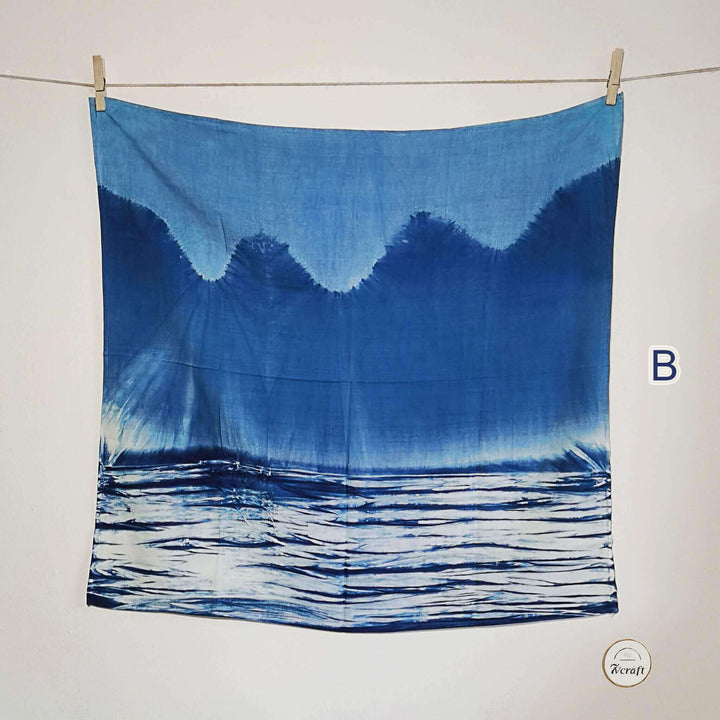 Indigo Silk-Cotton Shibori Tie-Dye Bandana 25", Mountains and seas