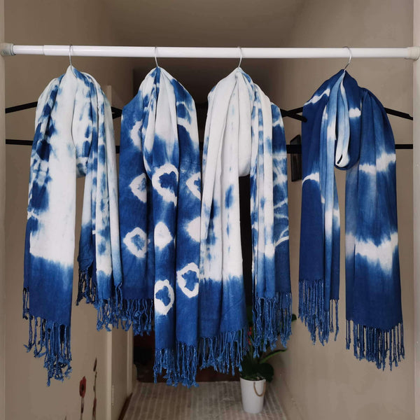 Indigo Cotton Tie Dye Scarf, Shibori Wrap Shawl 37''x78''