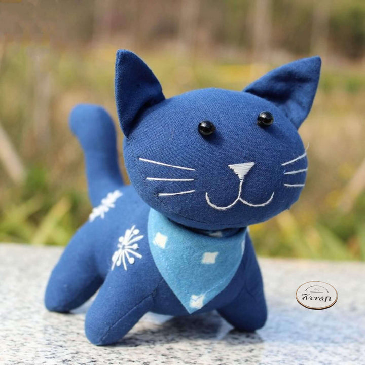 Plant dyed indigo cat toy, natural cotton fabric, handmade embroidered stuffed animal doll, boho table decor