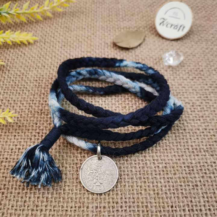 Shibori Tie-Dye Sixpence Coin Handwoven 4-Wrap Wristband Bracelet