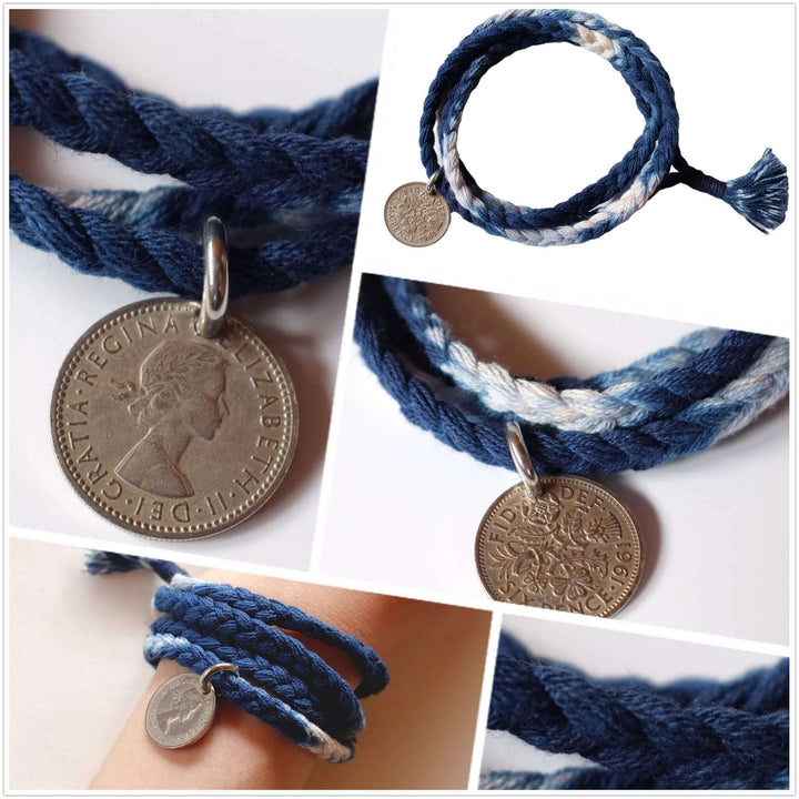 Sixpence Coin Bracelet, Indigo Shibori Woven 4-Wrap Wristband Details