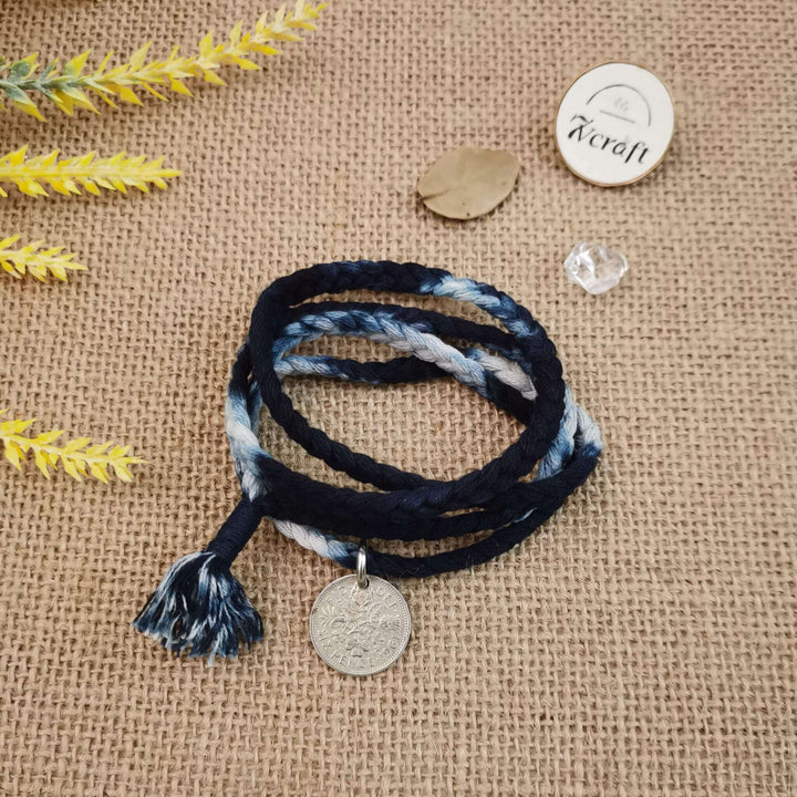 Tie-Dye Sixpence Coin Bracelet, Indigo Shibori Woven 4-Wrap Wristband