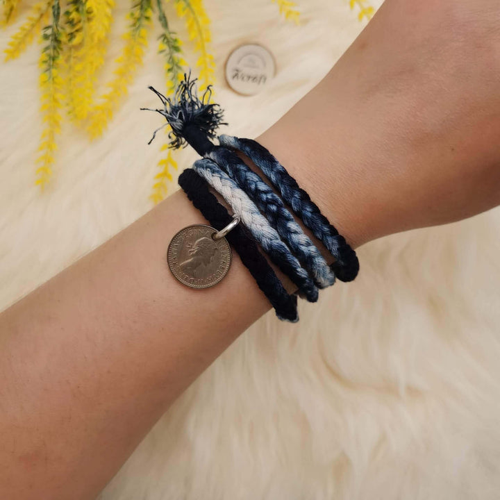 Handwoven Shibori Sixpence Coin Bracelet, Indigo Tie Dye 4-Wrap Wristband