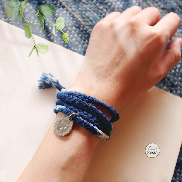 Shibori Sixpence Coin Bracelet, Indigo Tie Dye Woven 4-Wrap Wristband