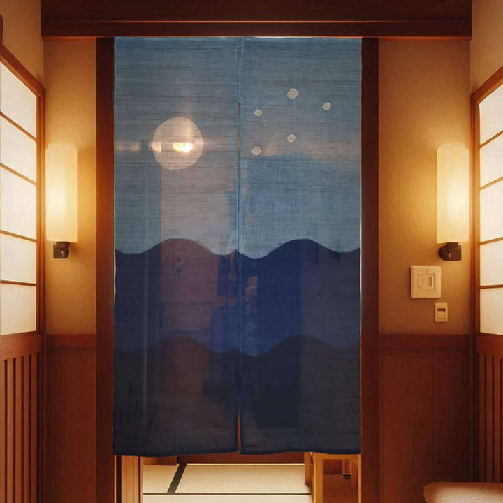 Starry Night Door Curtain, Shibori Tie-Dye Ramie あさ Noren, Display on Door at Night