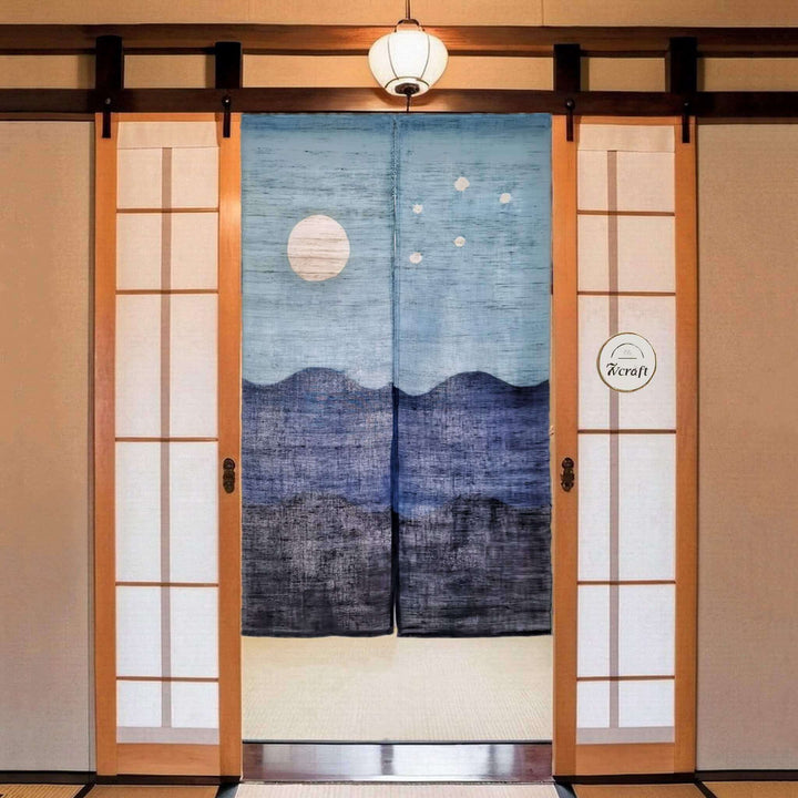 Starry Night Door Curtain, Shibori Tie-Dye Ramie あさ Noren, Display on Door